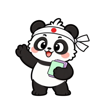Panda in a study headband, holding flashcards